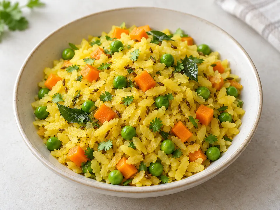Carrot and Peas Lunchbox Poha